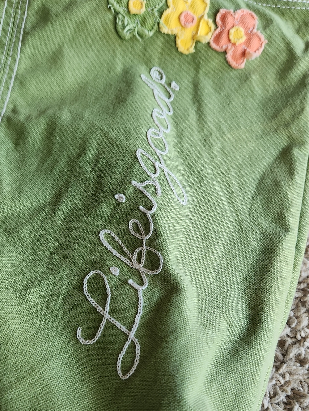 Life Is Good Green Floral Canvas Tote Bag with Cream Handles - Picture 2 of 11